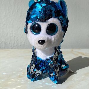 Ty SLUSH Flippables Beanie Baby Blue Sequined Husky Dog Plush 3”